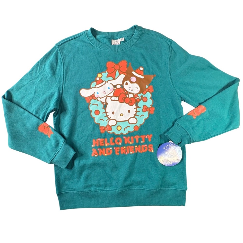 Sanrio Hello Kitty Christmas Sweatshirt Womens Medium Teal NEW Holiday Wreath